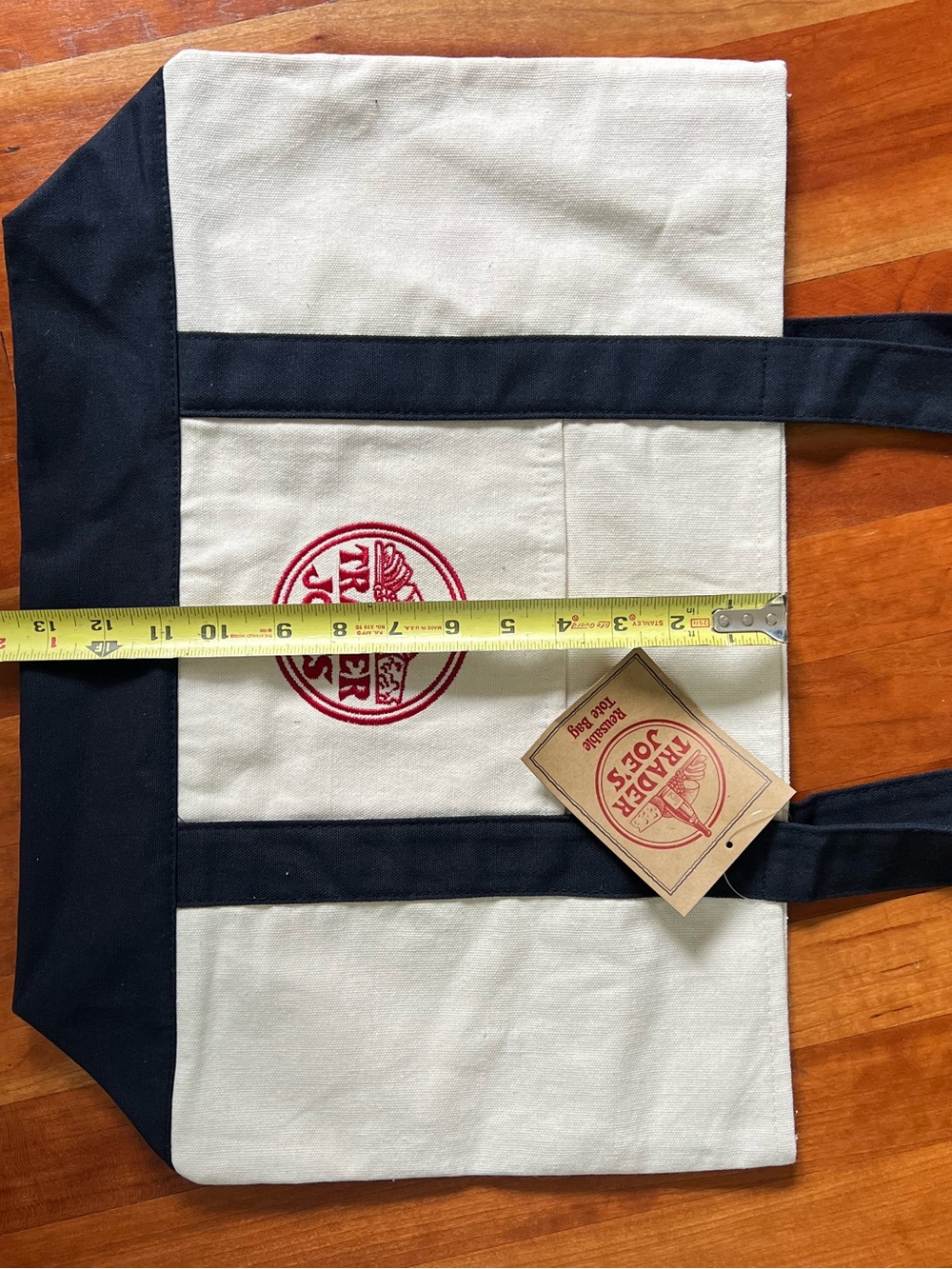 NWT Trader Joe’s Original Large Reusable Tote Bag in cream with navy blue handle - Picture 6 of 7